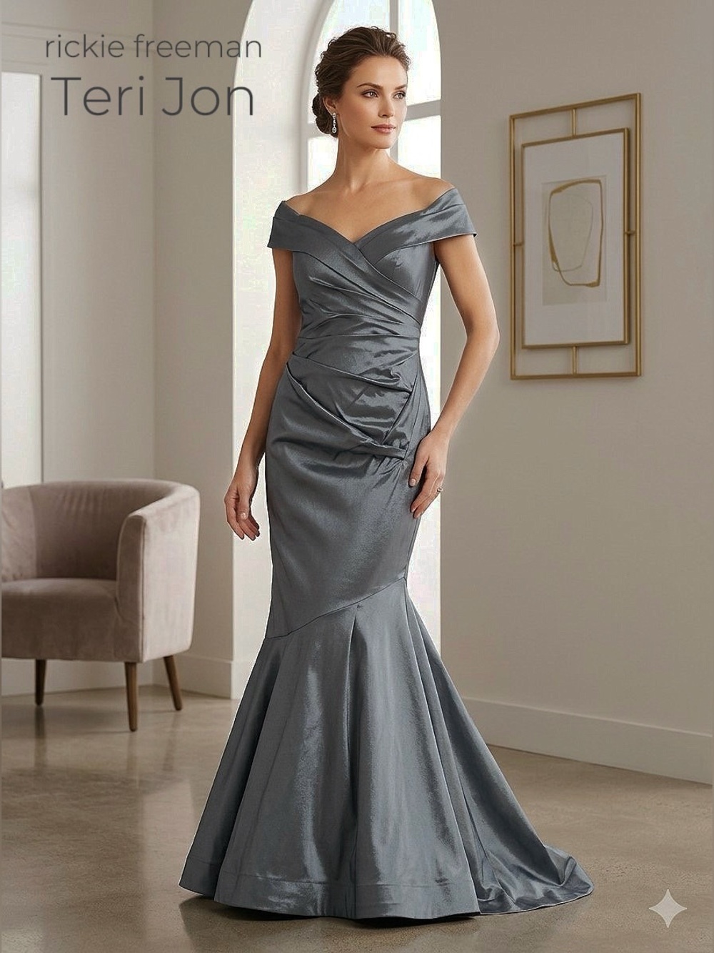 Teri Jon Rickie Freeman Metallic Gray Off Shoulder Mermaid Gown Size 6